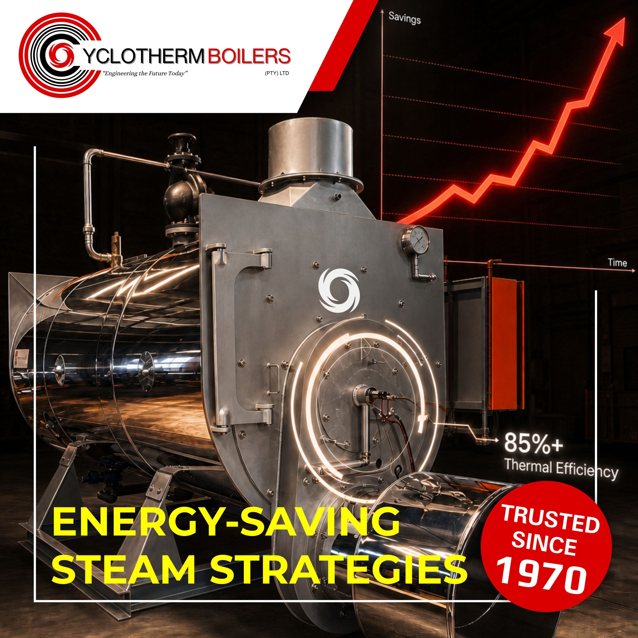 Hot gases travel through tubes. Water surrounds the tubes. Result: stable, efficient steam.