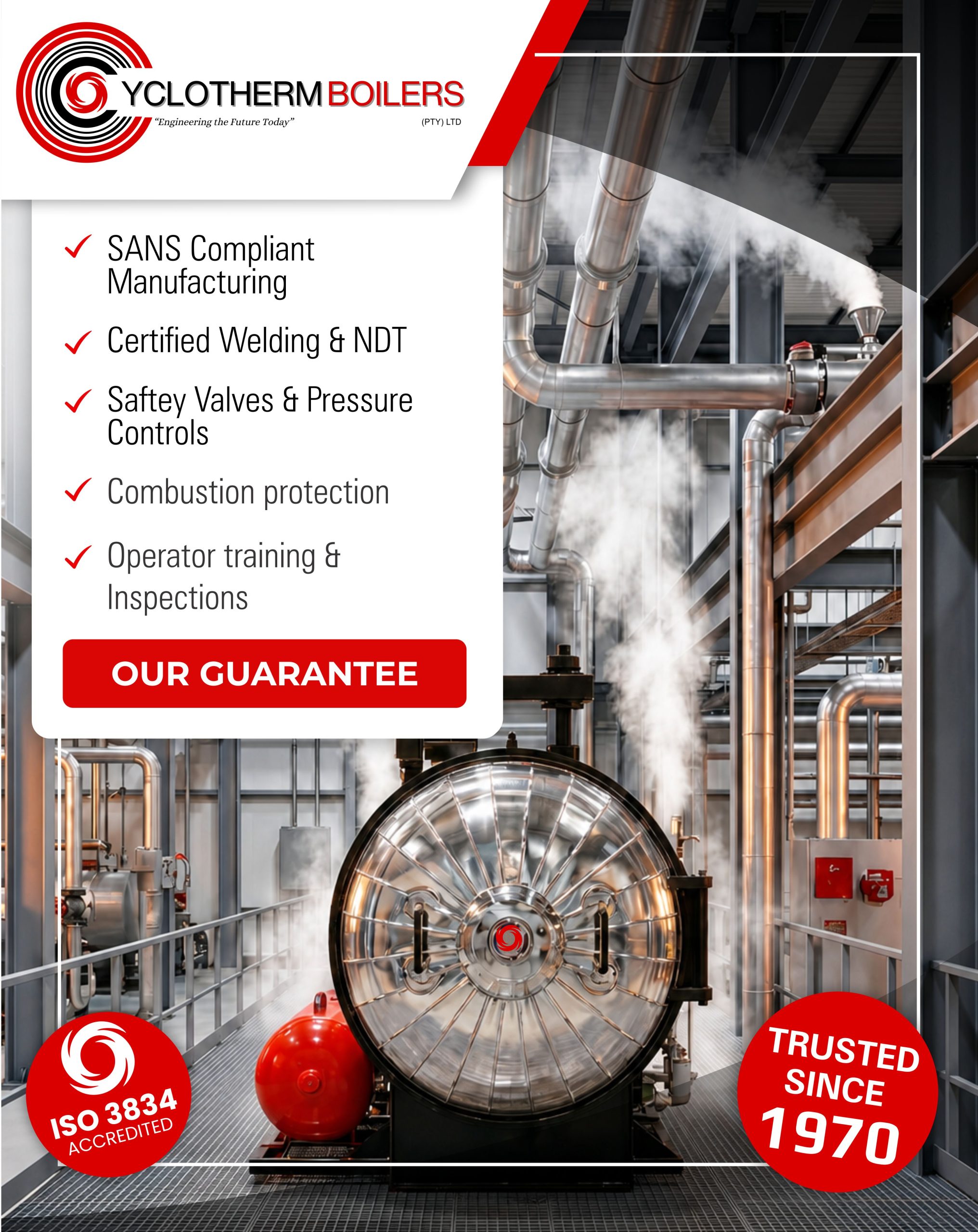 Hot gases travel through tubes. Water surrounds the tubes. Result: stable, efficient steam.