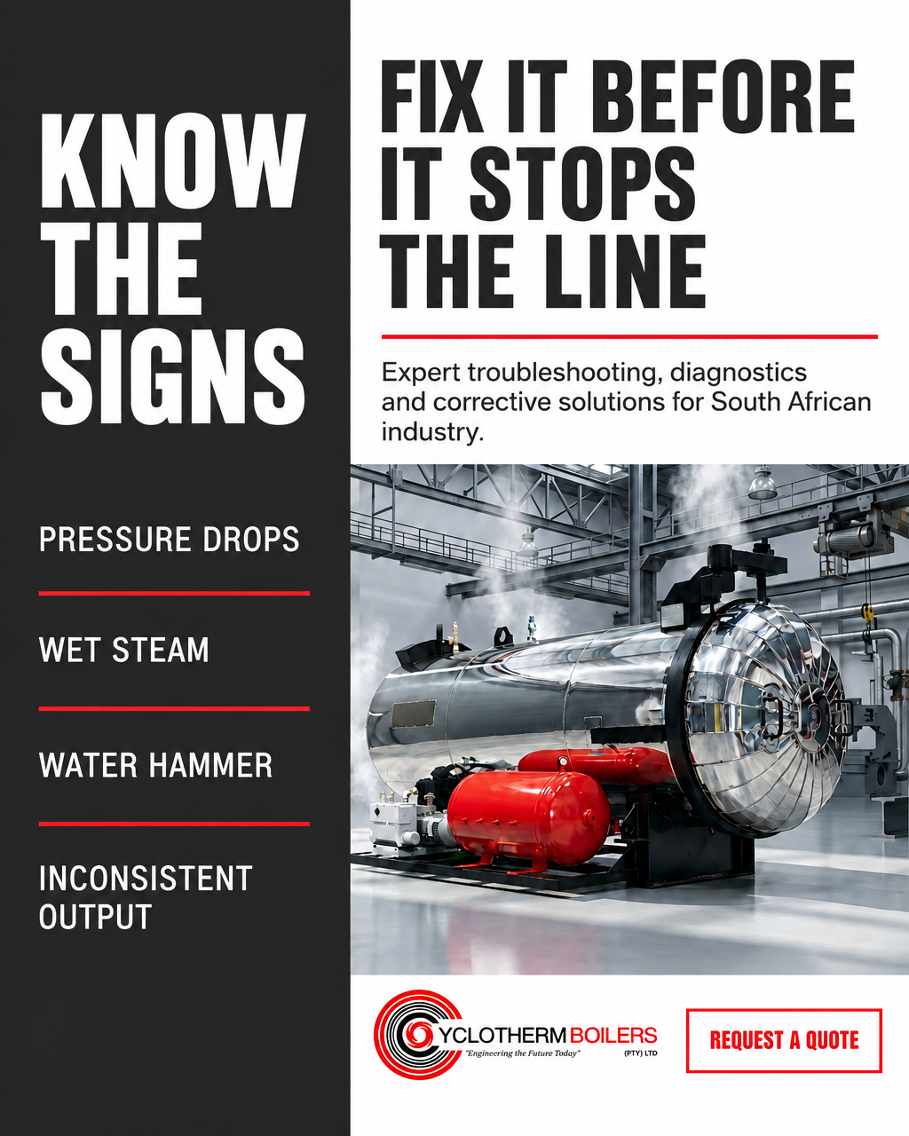 20260923 KNOW THE SIGNS Hot gases travel through tubes. Water surrounds the tubes. Result: stable, efficient steam.